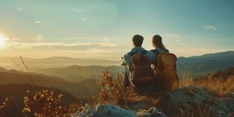 young couple of travelers looking at the sunset in the mountains Generative AI - obrazy, fototapety, plakaty