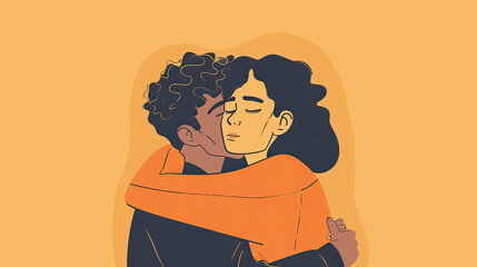 Fototapeta premium A couple embraces each other in a hug against a vibrant yellow backdrop