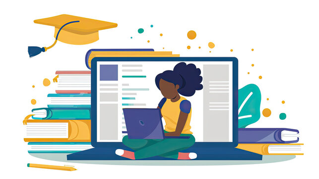 A woman sitting on a laptop with numerous books and graduation caps around her, depicting a scene of academic achievement and study