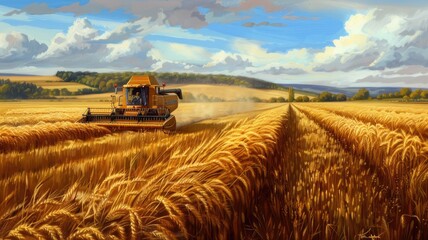 Naklejka premium a farmer driving a combine harvester through a field of ripe golden barley, the vastness of the field and the farmer's focused expression as they work amidst the abundant harvest.