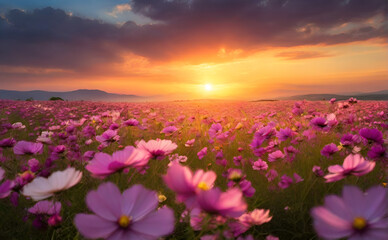 Fototapeta premium Cosmos flower field photography, generative ai