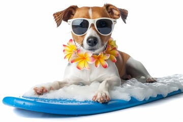 On summer vacation holidays, a jack russell dog surfing the waves on ocean sea with cool sunglasses and flower chain - obrazy, fototapety, plakaty