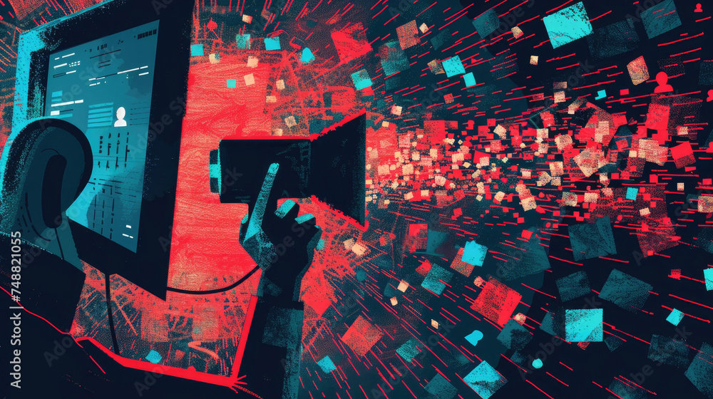 Poster a computer screen displaying a vibrant red background with numerous blue squares arranged in a grid 