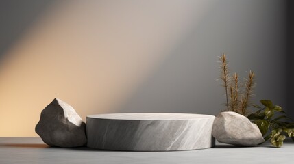 Stone round Podium, Layout, Showcase, Platform for Product Presentation, Cosmetics, Packaging, Advertising on a Gray background with light and Shadow. A Horizontal Banner.