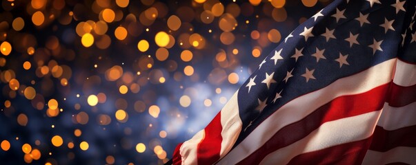 American flag with blurred lights background. 4th of July Celebration concept. - obrazy, fototapety, plakaty