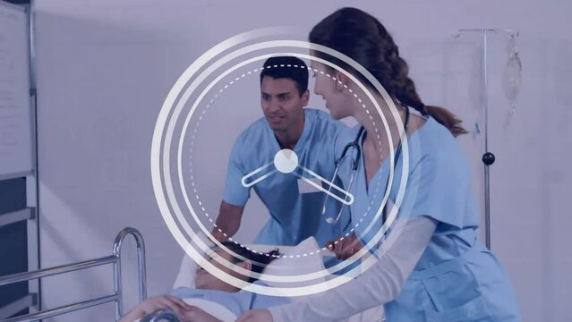 Animation of clock ticking over diverse doctors in hospital