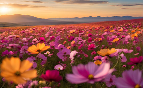Cosmos flower field photography, generative ai