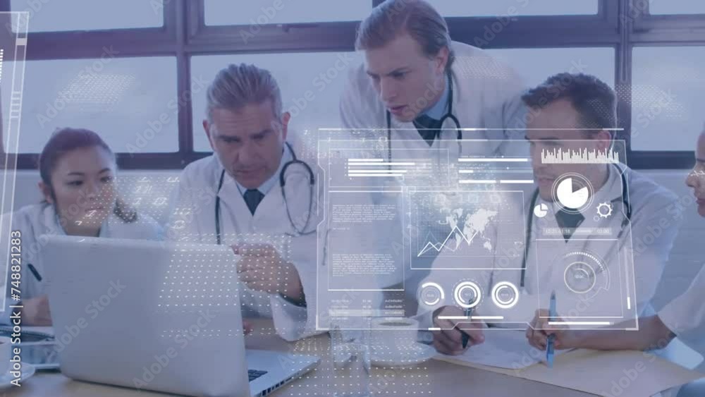 Poster animation of screens with data processing over diverse doctors
