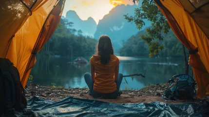 Zelfklevend Fotobehang woman travel and camping alone at natural park © fajar