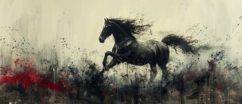 The subjects in this modern painting are abstract, metal elements, textured backgrounds, animals, and horses.