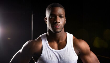 Fototapeta premium Close-up portrait of a very attractive, strong black man in white tank top on dark background