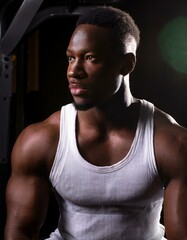 Fototapeta na wymiar Close-up portrait of a very attractive, strong black man in white tank top on dark background