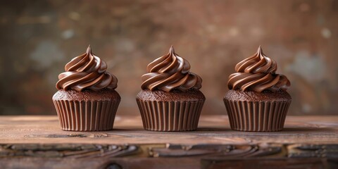 Decadent chocolate cupcakes topped with swirls of creamy frosting on a neutral background - obrazy, fototapety, plakaty