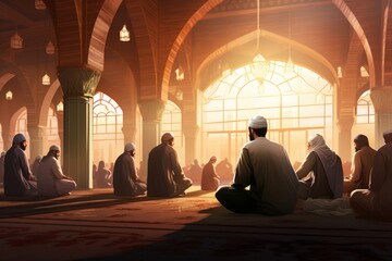 Illustration of Muslim people praying in the mosque - obrazy, fototapety, plakaty
