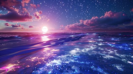 light blue beach covered with colored glowing glass, fluorescent ocean, moonlight, sparkling stars.
 - obrazy, fototapety, plakaty