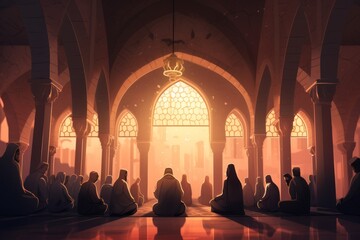 Illustration of Muslim people praying in the mosque