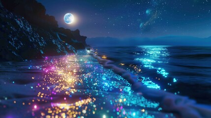 light blue beach covered with colored glowing glass, fluorescent ocean, moonlight, sparkling stars.
