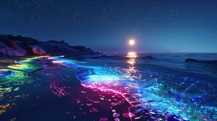 light blue beach covered with colored glowing glass, fluorescent ocean, moonlight, sparkling stars.
