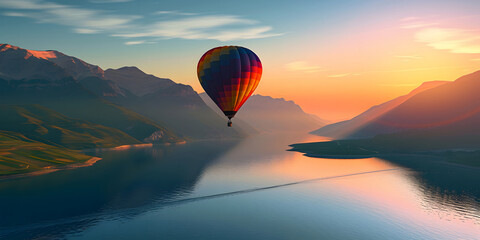 colorful hot air balloon floating gracefully above a tranquil lake, with majestic mountains and a soft-hued sky in the backdrop - obrazy, fototapety, plakaty