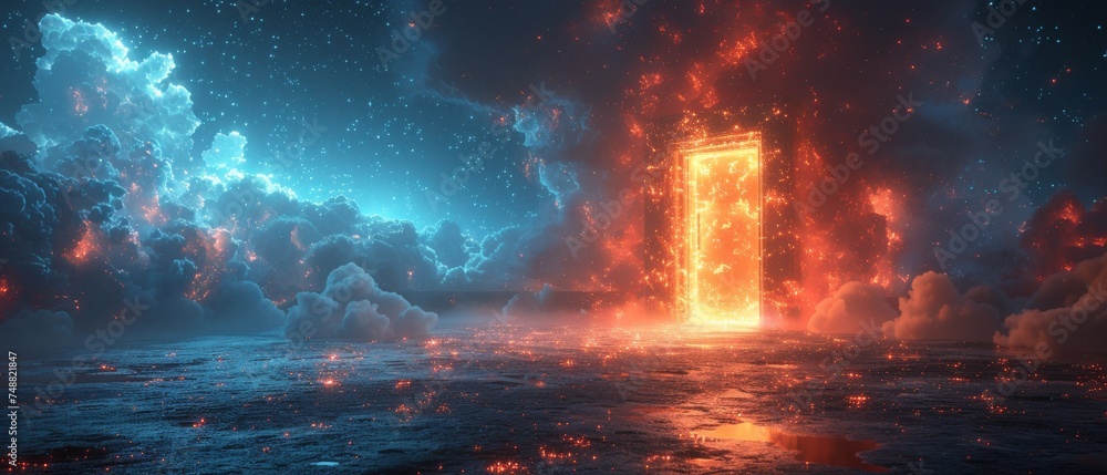 Fototapete In the digital era, the digital data center is a portal to a virtual metaverse. A path in virtual reality. An abstract cyber portal to an artificial digital universe.