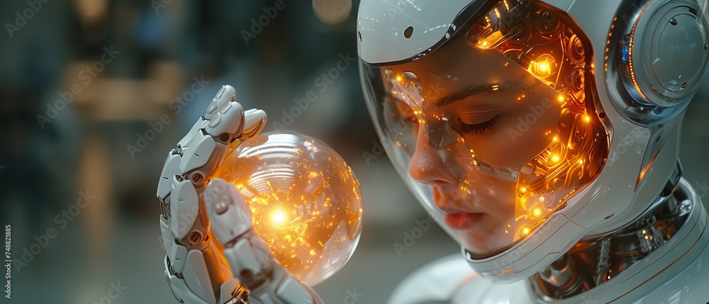 Fototapete The robot holds the electronic brain core in its hand. The face cyborg opens to install the cybernetic artificial intelligence processors. The mechanical electronic machine acquires consciousness on