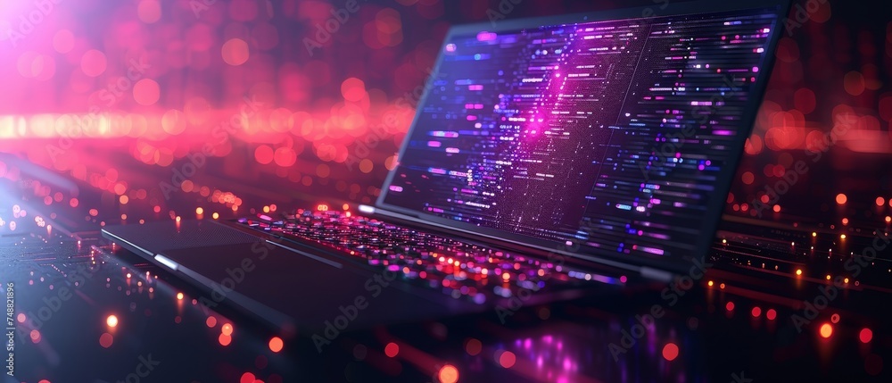 Poster Developing software, programming, testing software on laptop screen. Abstract computer code on screen. Laptop, icons of computer technology. Isometric view of digital computer technology.