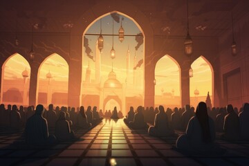 Illustration of Muslim people praying in the mosque - obrazy, fototapety, plakaty