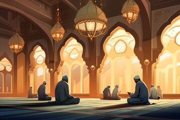 Illustration of Muslim people praying in the mosque - obrazy, fototapety, plakaty