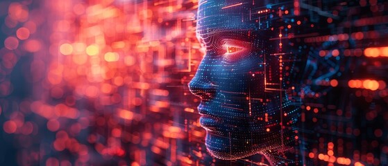 In this isometric illustration, artificial intelligence has been applied to the image of a humanoid head with an anthropomorphic face analyzing a flow of big data. The digital brain is learning data - obrazy, fototapety, plakaty
