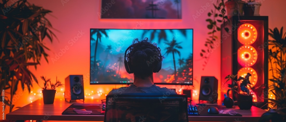 Poster PC or gaming desktop computer. Gaming computer on table front view. Gaming desktop computer with neon led light. Workplace mockup with empty video gaming screen.