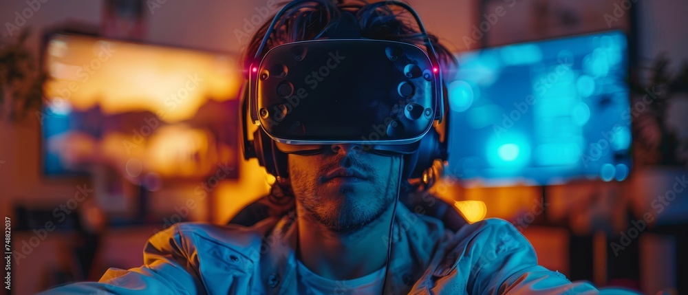 Aufkleber a young man wearing 3d vr headset glasses playing computer video game in the metaverse while holding