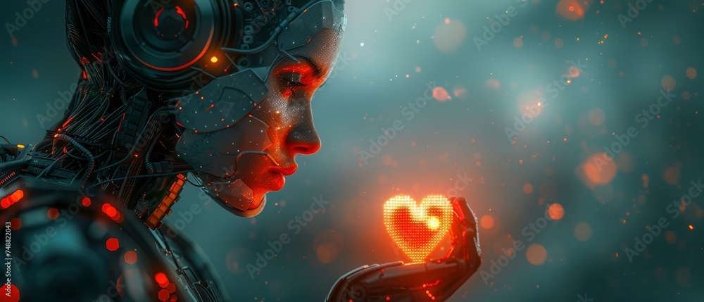 Poster of a robot woman holding a pixel heart symbol of love. banner for valentine's day in the style of ar