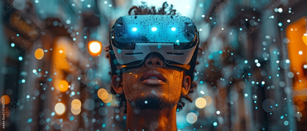 Poster using a vr device for an immersive experience in a metaverse. virtual reality, augmented reality, ai