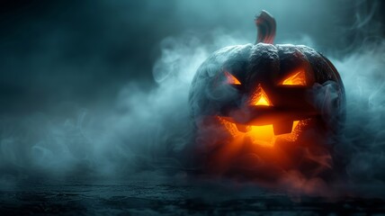 Eerie Halloween scene with a glowing jack-o-lantern in a misty atmosphere