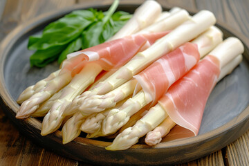 cooked white asparagus with ham and sauce. AI generative. - 748822057