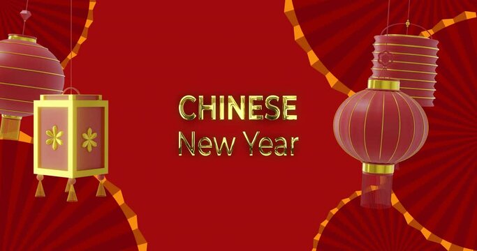 Animation of chinese new year ext over lanterns and chinese pattern on red background