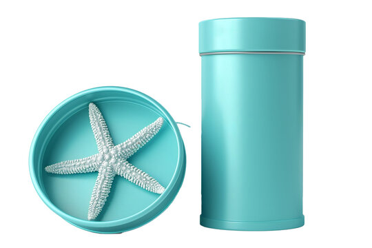 a single empty close mockup tube of turquoise color with a starfish shape on it, isolated on transparent background, png file