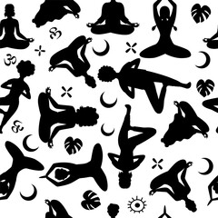 Seamless pattern silhouette of people sitting in yoga pose