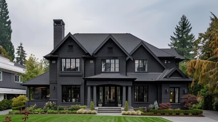 a two-story traditional house featuring a matte black exterior and charcoal grey roofing in a realistic photograph, enhance the home's majestic presence, a neatly landscaped front yard.
