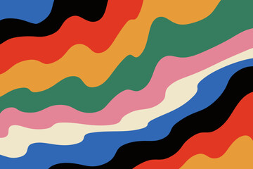 Groovy abstract pattern of wavy colorful lines as red, orange, yellow, green, blue, indigo, and black colors. Retro dynamic and vibrant texture