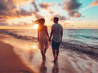 Romantic couple walking on the seashore - obrazy, fototapety, plakaty