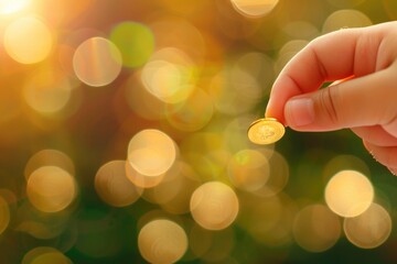 Obraz premium A child's finger is placing a gold coin on top. There were other piles of coins next to each other. It's like saving money for a business. has green bokeh