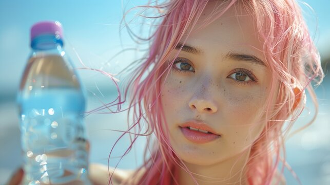 Young female model with pink hair going to drink