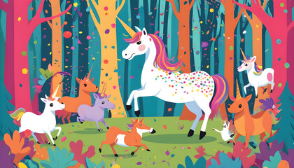 a colorful unicorn is running through a forest. april fools day greeting card background