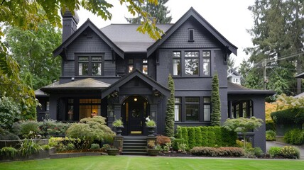 Fototapeta na wymiar a two-story traditional house featuring a matte black exterior and charcoal grey roofing in a realistic photograph, enhance the home's majestic presence, a neatly landscaped front yard.