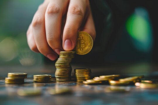 A female model's finger places a gold coin on top. There were other piles of coins next to each other, it was like saving money for a business. has green bokeh