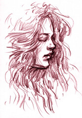 woman face pencil drawing for card decoration illustration