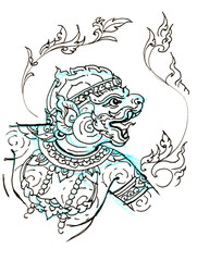 Hanuman with a tattoo pen drawing for card decoration illustration