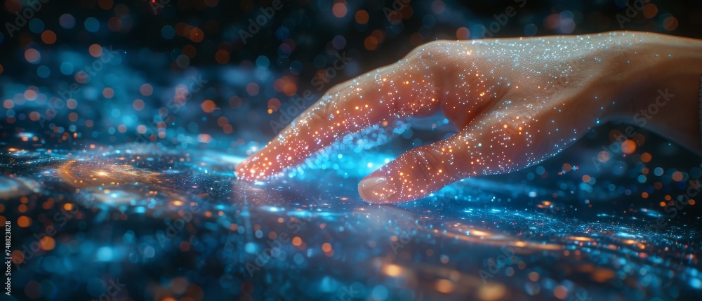 Aufkleber Digital transformation conceptual for the next generation of technologies. Hand touching the metaverse universe.