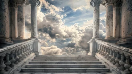 Fotobehang heaven in the clouds, a heavenly scene where soft, billowing clouds create a celestial backdrop, and a grand staircase made of white marble ascends majestically towards the heavens. © lililia